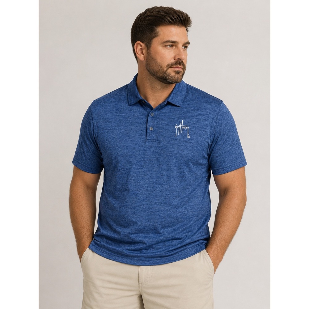 Guy Harvey Mens XXXL Blue Heathered Performance Short Sleeve Polo Shirt Logo